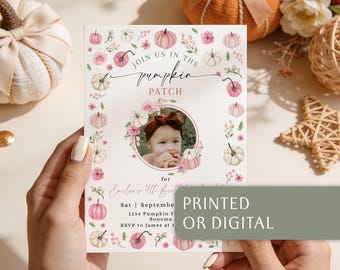 Pumpkin Patch 4th Birthday Invitation With Photo Printable: Pink Floral Fall Fourth Party Invite Card - C803-g