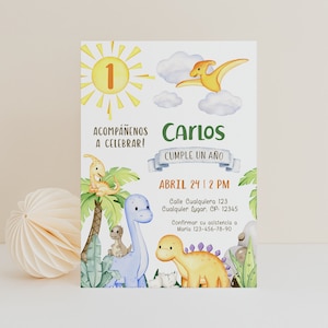 Jungle dinosaur 1st birthday party invitation in spanish template, niño cumpleaños un año party invitacion Espanol, invite in spanish - C268