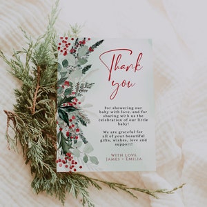 Holiday thank you baby shower note card printable, Christmas thank you card baby shower, greenery winter baby shower thank you card - C343