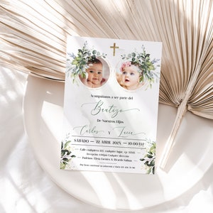 Eucalipto invitacion de bautizo, invitacion bautizo espanol, invitación bautizo, twins christening invite, baptism invitation spanish - C5