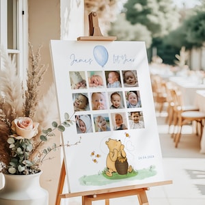 Winnie the pooh first year collage printable, little hunny boy first year photo poster, winnie with blue balloon 1st year collage - C538-b