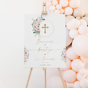 Blush pink floral bautizo welcome sign printable, cartel de bienvenida del bautismo de niña, green gold spanish bautizo welcome sign -C181-g