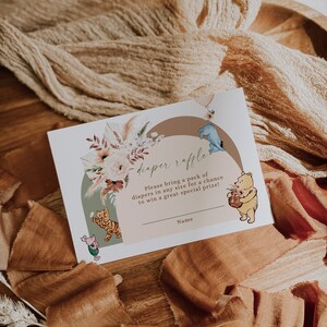 Boho arch winnie pooh baby shower diaper raffle card template, floral winnie diaper raffle card baby shower decor, winni baby shower - C286