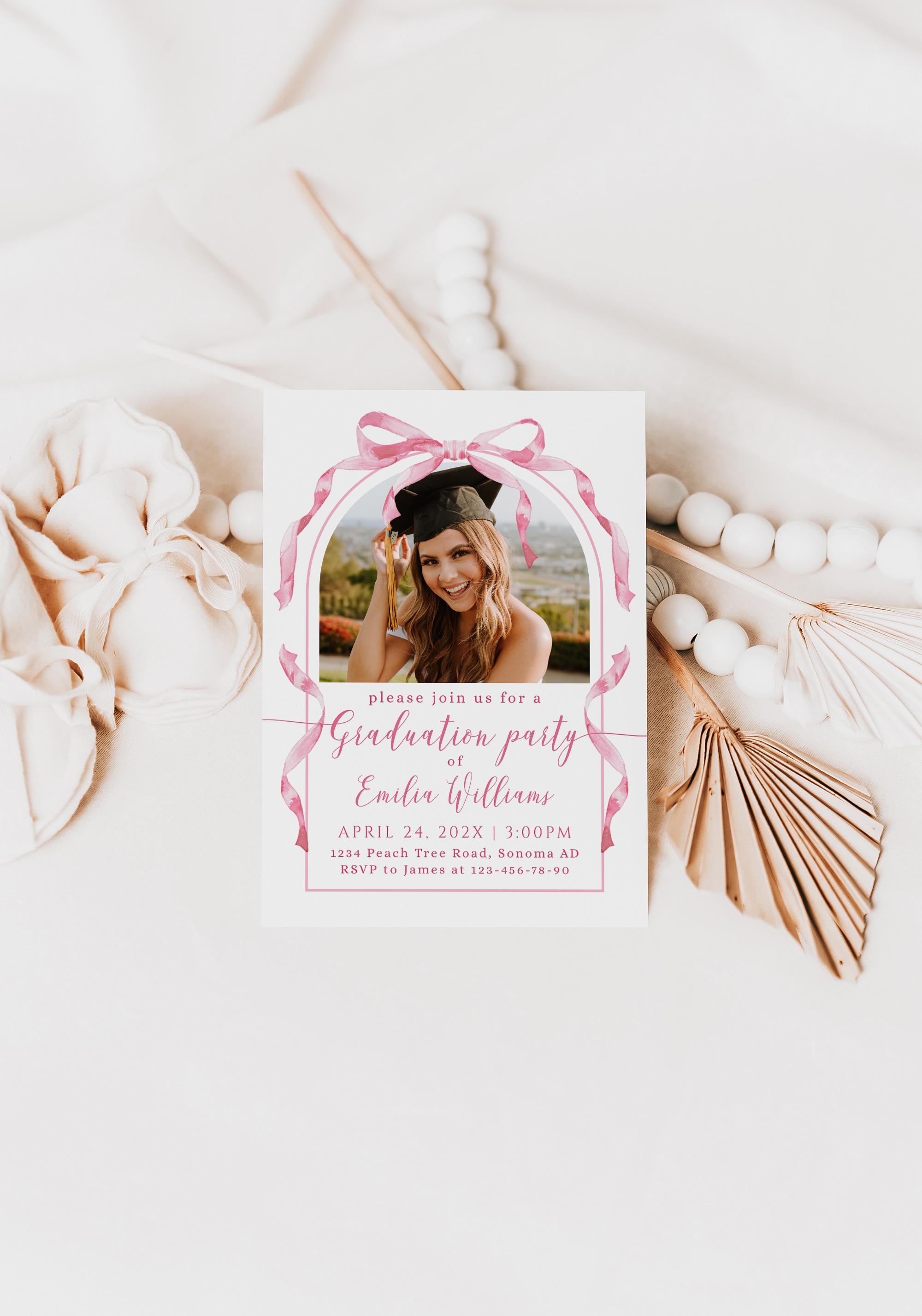 Pink Bow Graduation Announcement Invitation With Photo Printable ...