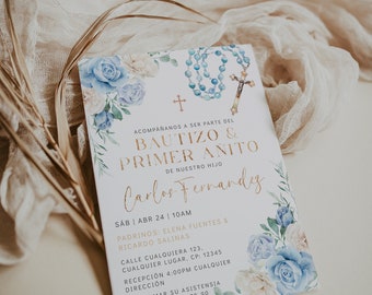 Floral boho de bautizo y primer añito niño invitación en español , white & blue flowers modern invitation for baptism and 1st birthday -C526