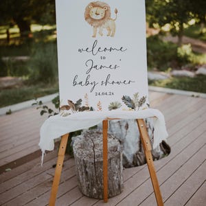 Modern lion baby shower welcome sign printable, little king baby shower welcome sign, boy lion in safari baby shower welcome poster - C781