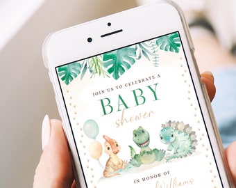 Dinosaurs balloons baby shower digital text sms invitation editable, modern dinosaur baby shower electronic invite, green phone evite - C494