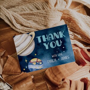 Astronaut planets to the moon thank you, outer space birthday folded thank you card template, boy birthday party thank you card decor - C253