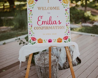 Girl confirmation welcome sign, pink floral baptism welcome poster, confirmation welcome sign printable, mexican party welcome sign - C116