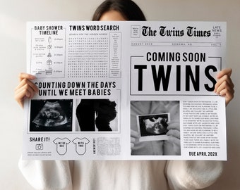 Twins newspaper baby shower, newspaper pregnancy announcement editable, twin baby shower announcement program gender newspaper invitation