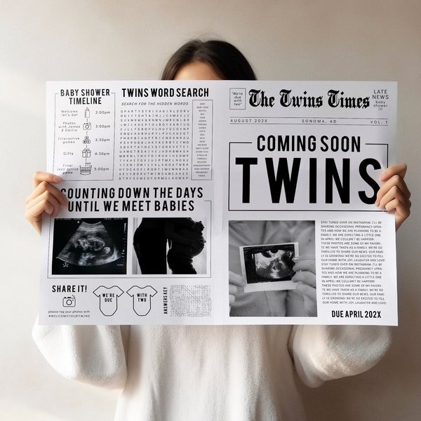 Twins newspaper baby shower, newspaper pregnancy announcement editable, twin baby shower announcement program gender newspaper invitation