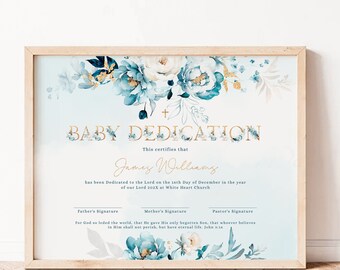 Baby dedication baptism certificate printable, certificate of baptism, blue baptism gift christening certificate, church certificate - C211