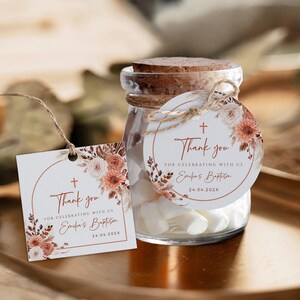 Boho pampas grass baptism thank you tag printable, bohemian baptism favor tag printable, girl boho arch dried floral baptism gift tag - C365