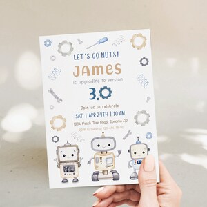 Let's go nuts friends b-day invitations card, little cute robots birthday invitation, modern blue boy robot party invitation printable -C248