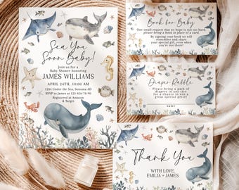 Sea you soon baby shower invitation set printable, boy sea & ocean baby shower invite set, sea creatures baby shower invitation set - C779