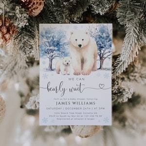 Polar bear baby shower invitation white blue printable, we can bearly wait baby shower invitation, winter baby shower invitation card - C354