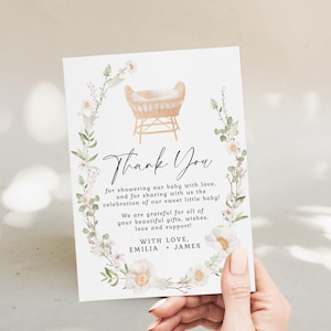 Nursery cradle baby shower thank you card printable, white & green floral baby shower thank you card, crib baby shower thank you card - C760