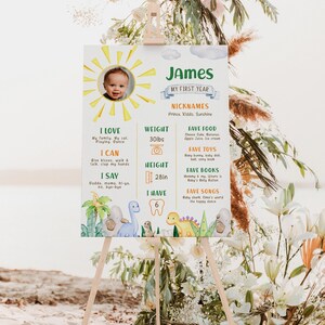 Dinosaurs first birthday milestone poster printable, jungle first year milestone poster, dino first year milestone sign with photo - C268