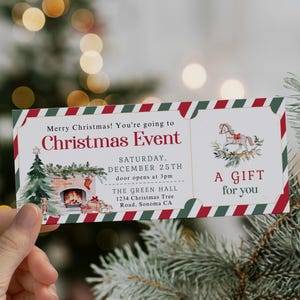 Christmas event ticket template, nutcracker gift surprise xmas event ticket, merry christmas event ticket, fireplace xmas event gift ticket