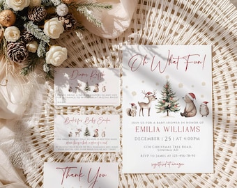 May include: A set of baby shower stationery with a winter theme. The invitation features a festive design with a reindeer, bear, and hedgehog wearing Santa hats. Additional cards include a diaper raffle, book request, and thank you note.