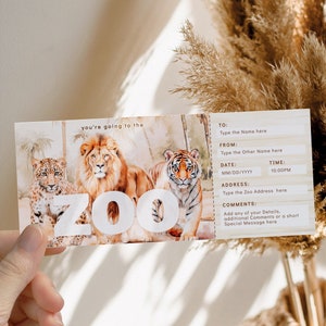 Zoo surprise gift ticket editable and print,lion tiger gift ticket for a trip to the zoo, safari animals surprise gift reveal ticket card