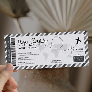 May include: A black and white boarding pass with the text "Happy Birthday" and a world map graphic. The pass includes fields for passenger name, destination, and comments, with a flight path to London. A small suitcase graphic reads "time for some adventure."