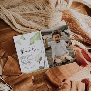 Golfing first birthday thank you card with photo template, green golf theme boy birthday thank you card, golf birthday thank you note - C720