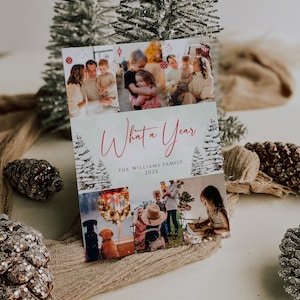 Christmas themed year in review card, green winter tree photo collage year in review card printable and decor, winter snow postcard