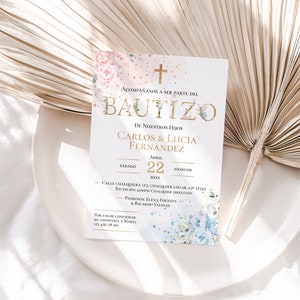 Invitaciones de bautizo, twins girl and boy baptism invitation in spanish, invitacion bautizo en espanol, pink blue baptism invitation - C01