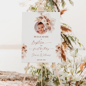 Baptism and first birthday sign boho boy with photo template, bohemian christening & 1st communion welcome poster, board for baby boy - C164