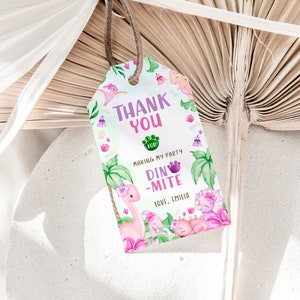 Girls love dinosaurs birthday party favors, dino party pink favor gift tags printable, decoration stomping by t-rex Thank You cards - C125