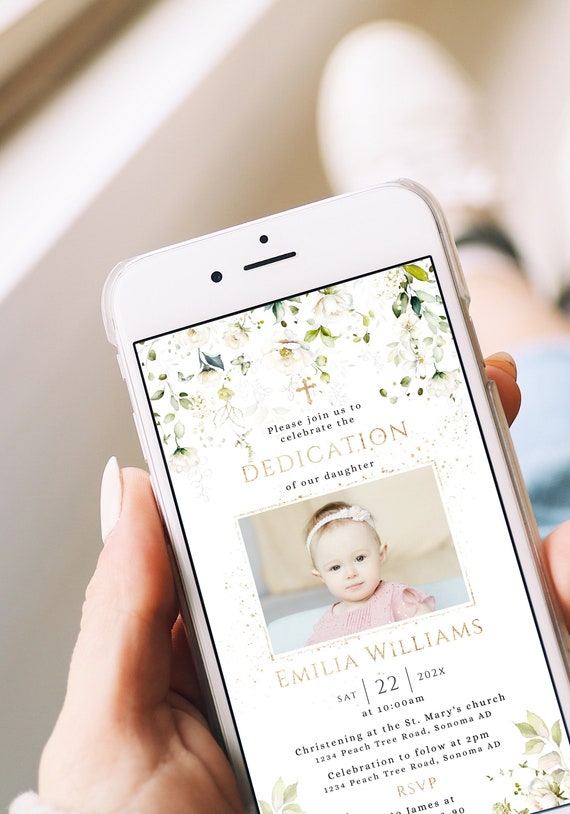 Electronic baby dedication invitation, floral baptism invite with photo