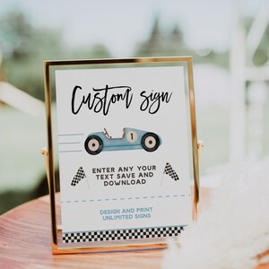 Blue race car custom text sign, race car boy custom sign printable, vintage race car custom table sign, boy table top card sign - C274