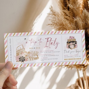 A trip to Italy gift ticket boarding pass template, gold pink boarding pass, girl trip to Italy gift ticket, trip boarding pass gift voucher
