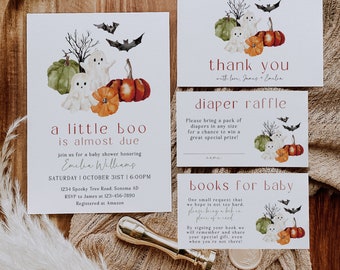 May include: Baby shower invitation set with a Halloween theme. The invitation reads "a little boo is almost due" with watercolor ghosts, pumpkins, and bats. Includes thank you, diaper raffle, and books for baby cards.