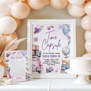 Travel 1st birthday time capsule sign and card printable, vintage world map birthday time capsule sign & card, car travel time capsule -C685