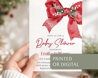Christmas Red Bow Girl Baby Shower Invite: Winter Minimalist Holiday Coquette Theme Party Invitation - C888