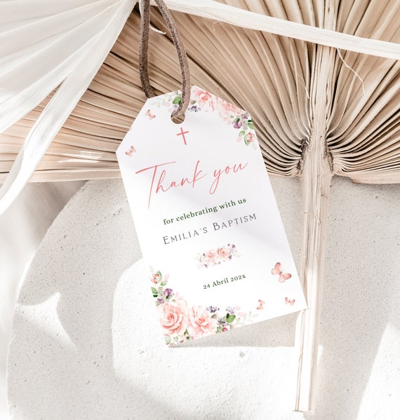 Blush pink baptism favor tag template, girl baptism gift tag, girl