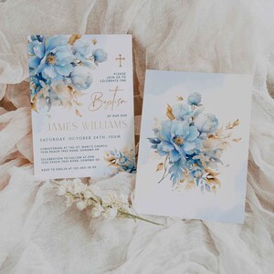 Dusty blue flowers baptism invitation template with gold cross, modern baptism invitation, boy or girl gender neutral baprism invite - C334