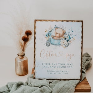 Bear in a car custom text sign, bear boy custom sign printable, floral we can bearly wait custom table sign, boy table top card sign - C264