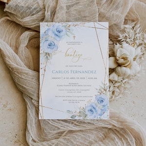 May include: A blue and gold baptism invitation with a floral design. The invitation includes the name Carlos Fernandez, the date and time of the baptism, and the names of the godparents. It also includes the address and phone number for RSVP.