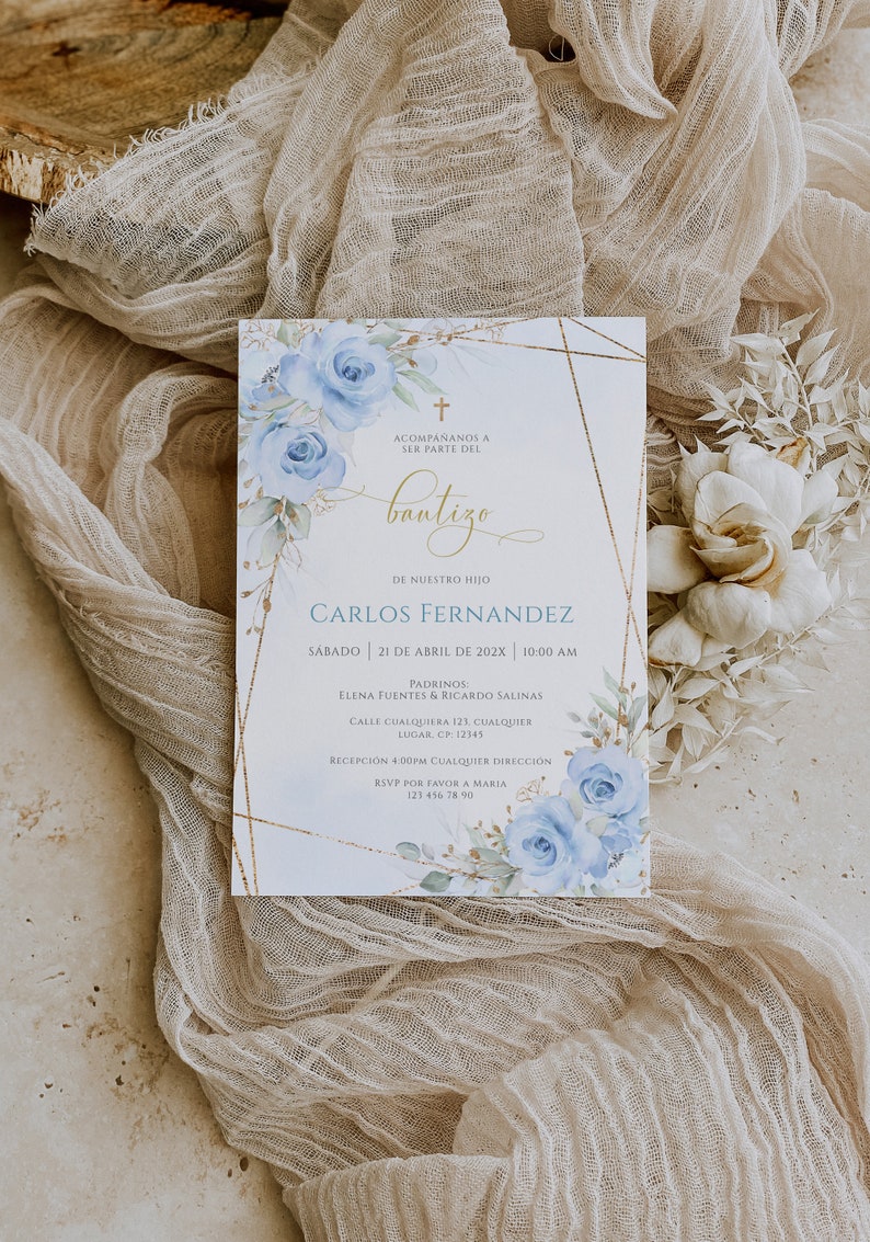May include: A blue and gold baptism invitation with a floral design. The invitation includes the name Carlos Fernandez, the date and time of the baptism, and the names of the godparents. It also includes the address and phone number for RSVP.