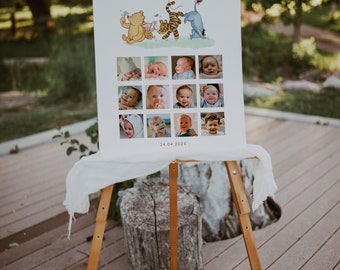 Editable blue balloons honey first year photo poster, winnie the pooh my first year photo collage, pooh 12 month photo collage decor - C536