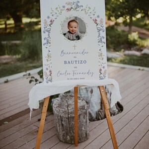 Cartel bienvenida bautizo niño en español, boho bautizo welcome sign with photo template, arch floral boy spanish baptism welcome sign -C517