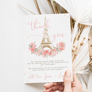 Gold eiffel tower baby shower thank you card printable, pink floral baby shower thank you card, paris theme baby shower thank you card -C445