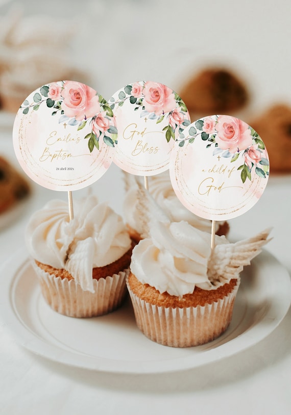 Girl baptism cupcake toppers printable, pink floral cupcake topper