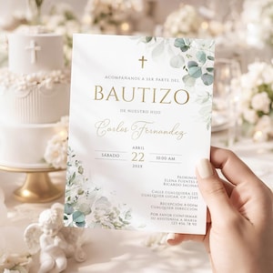 Eucalipto invitacion de bautizo, Invitacion bautizo en espanol, invitación bautizo niño, baptism invitation in spanish green gold - C101