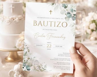 Eucalipto invitacion de bautizo, Invitacion bautizo en espanol, invitación bautizo niño, baptism invitation in spanish green gold - C101