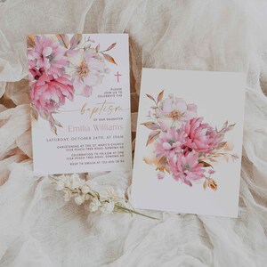 Boho pink floral baptism invitation template, peony watercolor baptism Invitation girl, gold pink religious invitation decoration card -C332