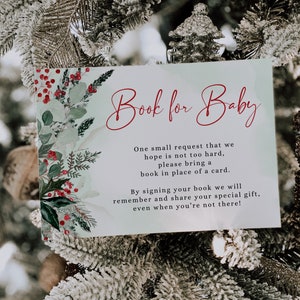 Christmas greenery book for baby shower, winter baby shower books for baby insert card, leaves and branches baby shower books decor - C343